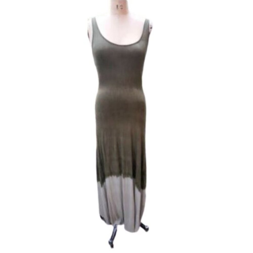 Maxi tank tube fitted slip lace up back dress in olive green w dip tie dye hem - Picture 4 of 12